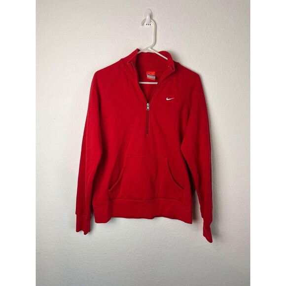 Nike Sweatshirt Mens Medium Red Quarter Zip Pullover Kangaroo Pocket Swoosh - Picture 1 of 5